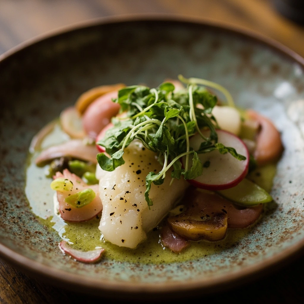 Local white fish crudo with greenhouse microgreens and heirloom radish